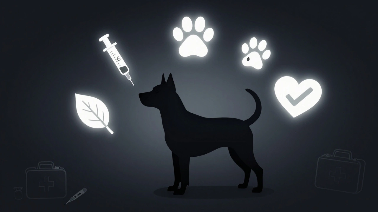 Силуэт собаки с символами экстренной помощи: витамин B6, капли от блох, термометр и пробиотик.