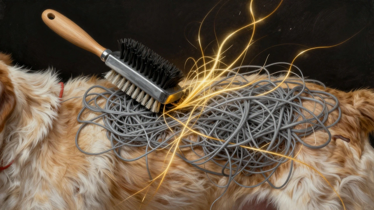 Символическое изображение распутывания подшёрстка: инструменты разрезают спутанные волоски, освобождая здоровую шерсть.