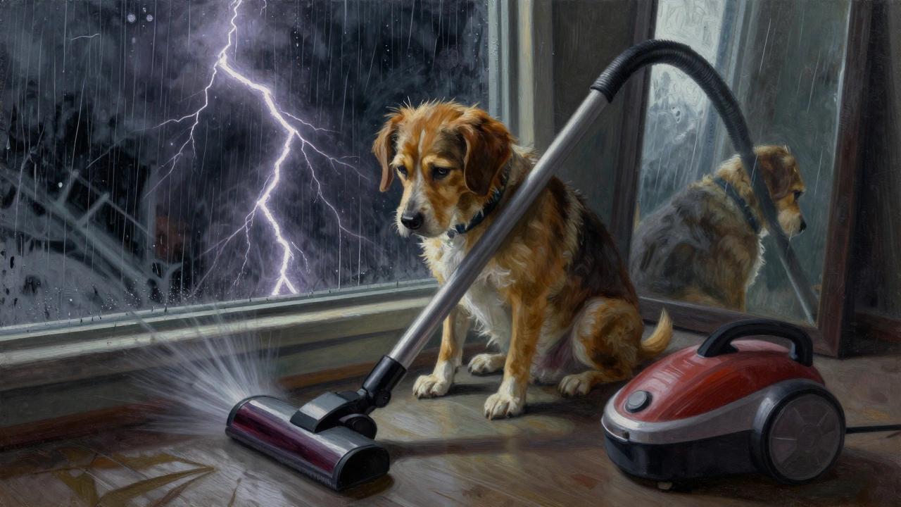 Собака дрожит от грозы и шума пылесоса, тени от молнии освещают её страх.