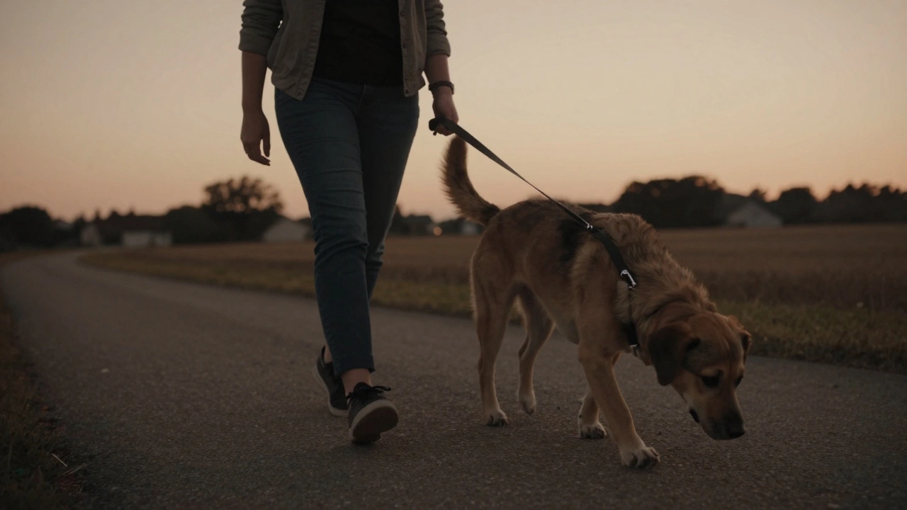 Собака и человек медленно гуляют вечером, без напряжения, в спокойной атмосфере.
