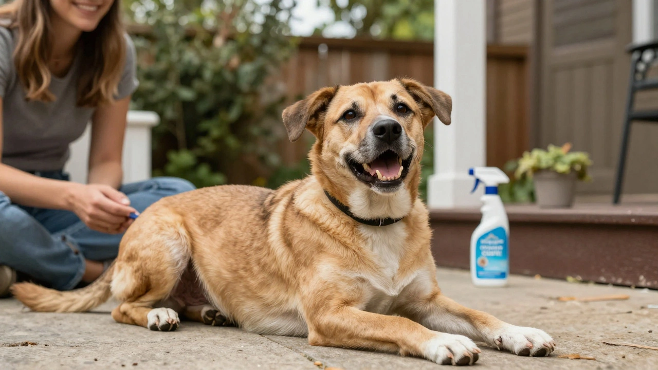 Собака играет в саду, владелец рядом — признак успешного прекращения меток после операции.