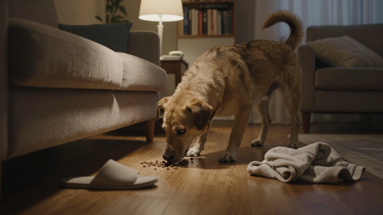 Собака ищет лакомства, спрятанные в домашней обстановке.