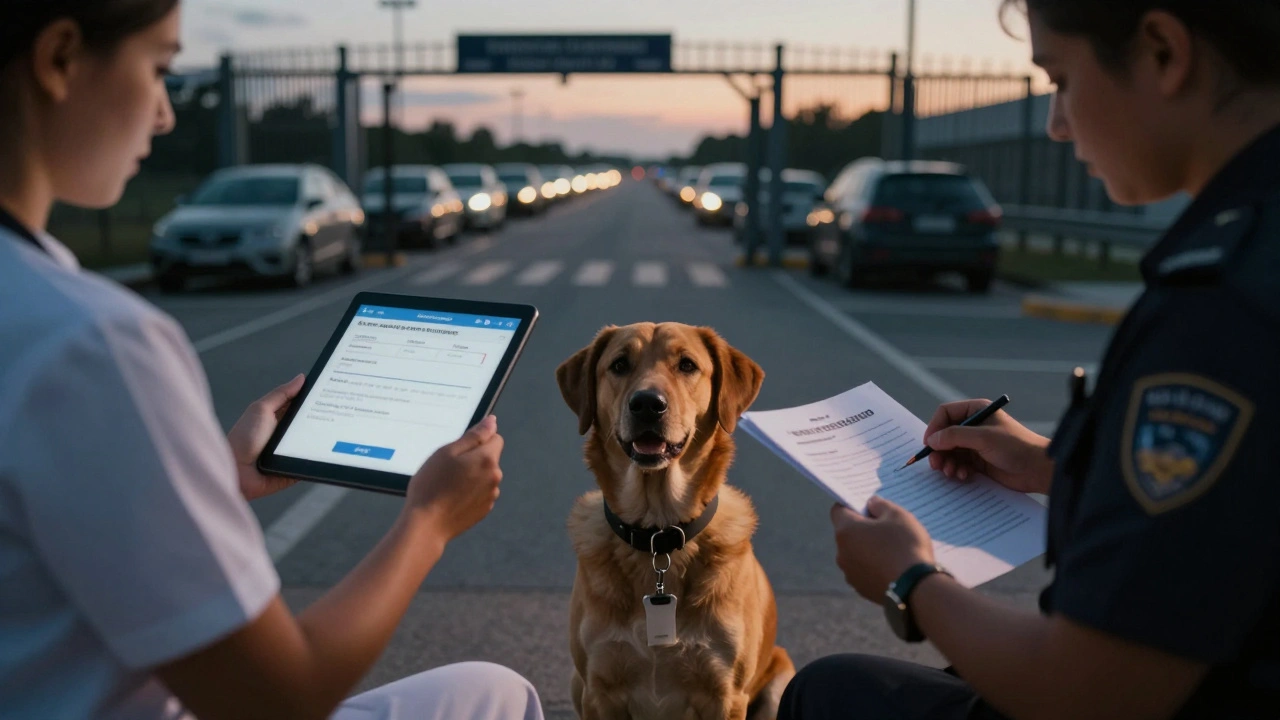 Собака на границе, ветеринар сканирует чип, офицер проверяет документы при закате.