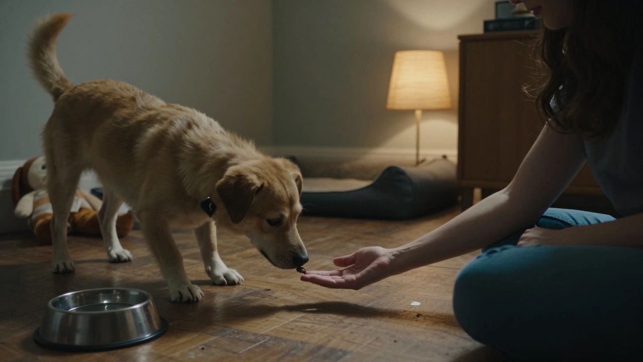 Собака осторожно подходит к рукам, чтобы взять лакомство, не касаясь человека — момент доверия.