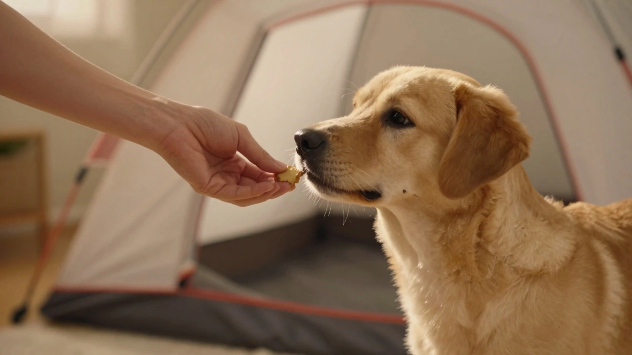 Собака осторожно подходит к руке с лакомством, не касаясь, в тёплом свете — момент доверия.