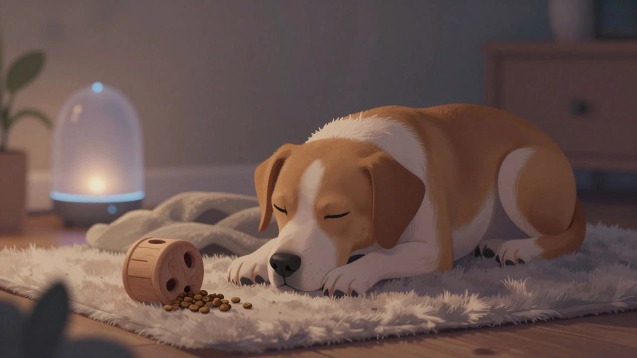 Собака отдыхает на подстилке, сосредоточенно играет с головоломкой, в тихой обстановке.