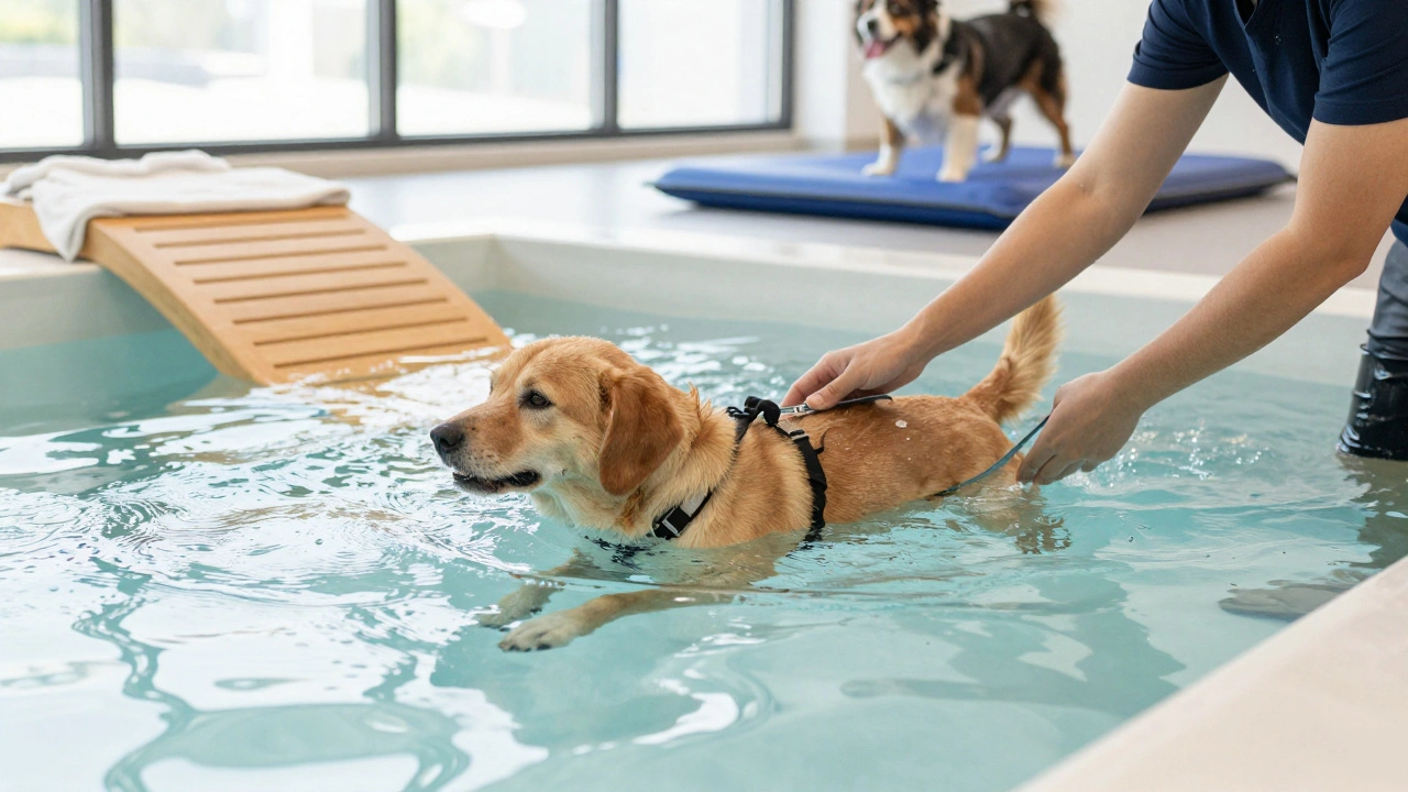 Собака плавает в гидротерапевтическом бассейне во время реабилитации после перелома.