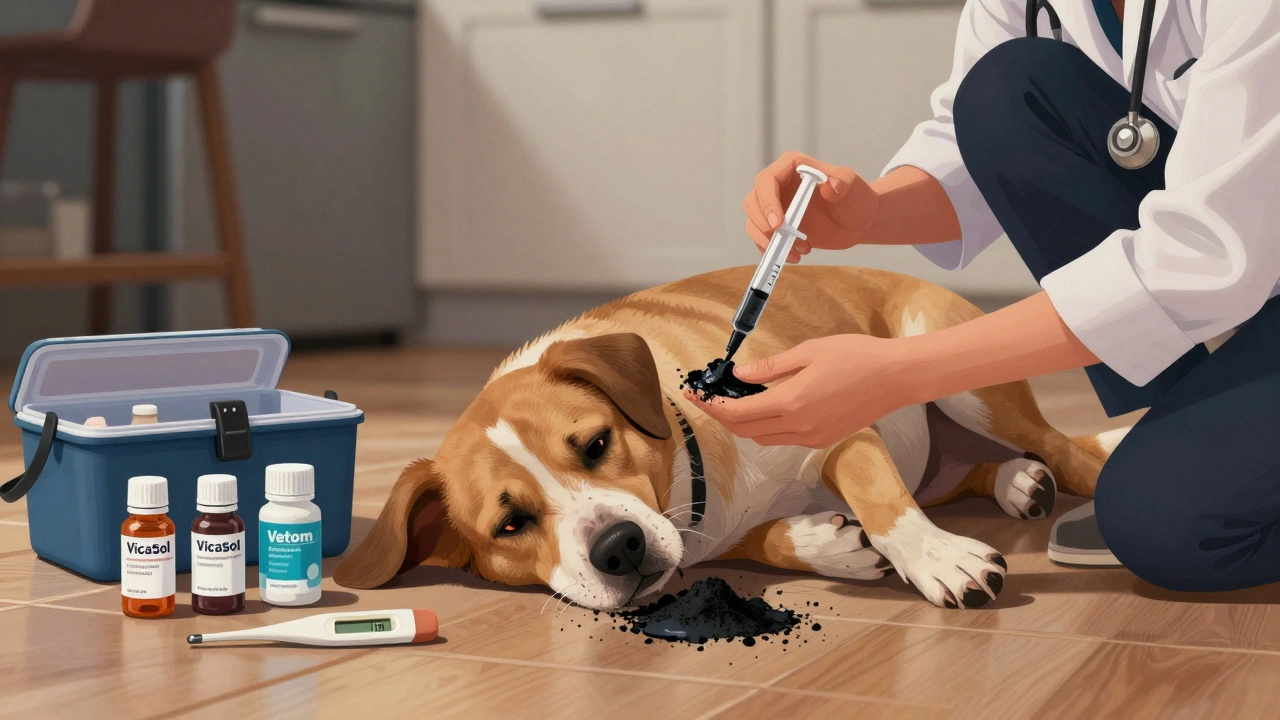 Собака после отравления получает активированный уголь, владелец держит аптечку с лекарствами.