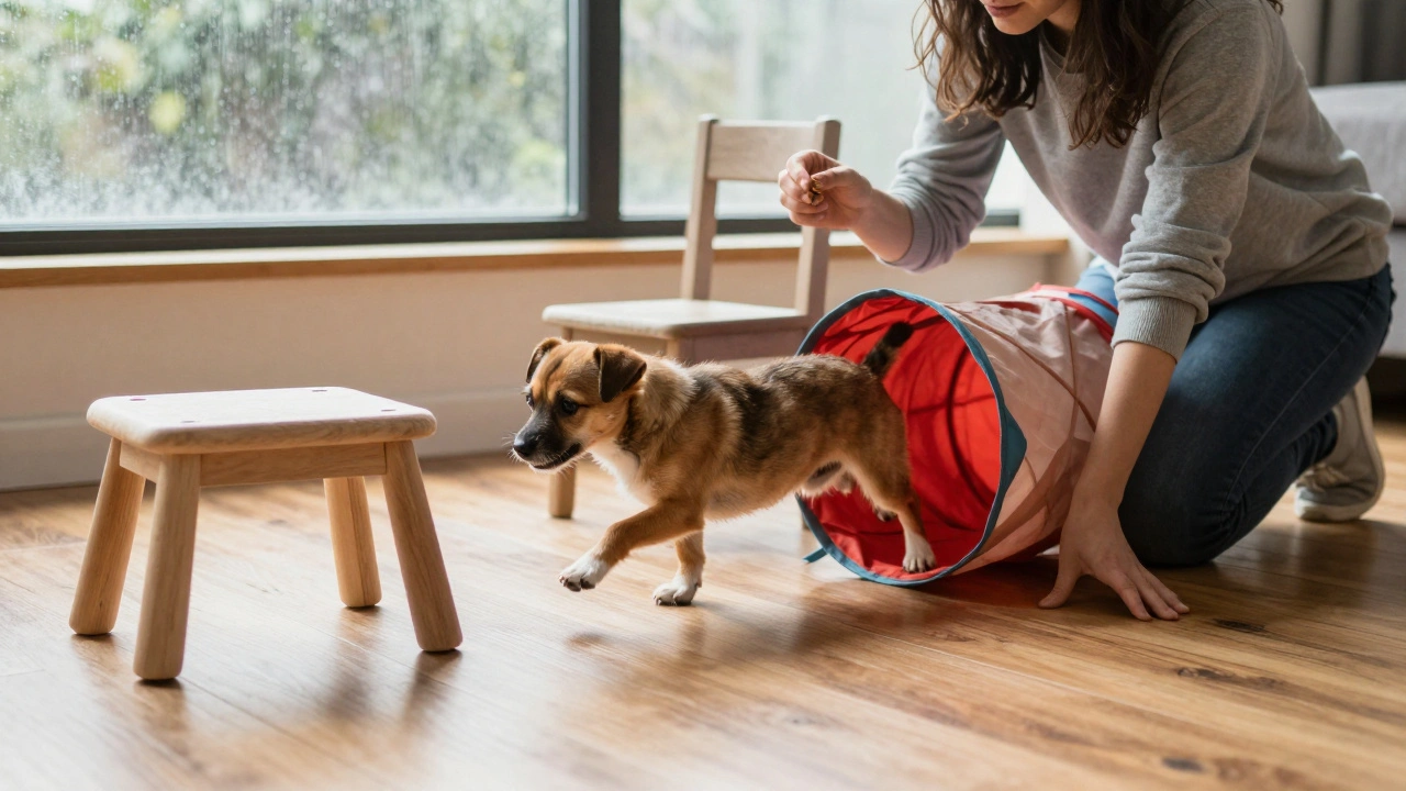 Собака преодолевает домашнюю полосу препятствий из мебели и одеяла.