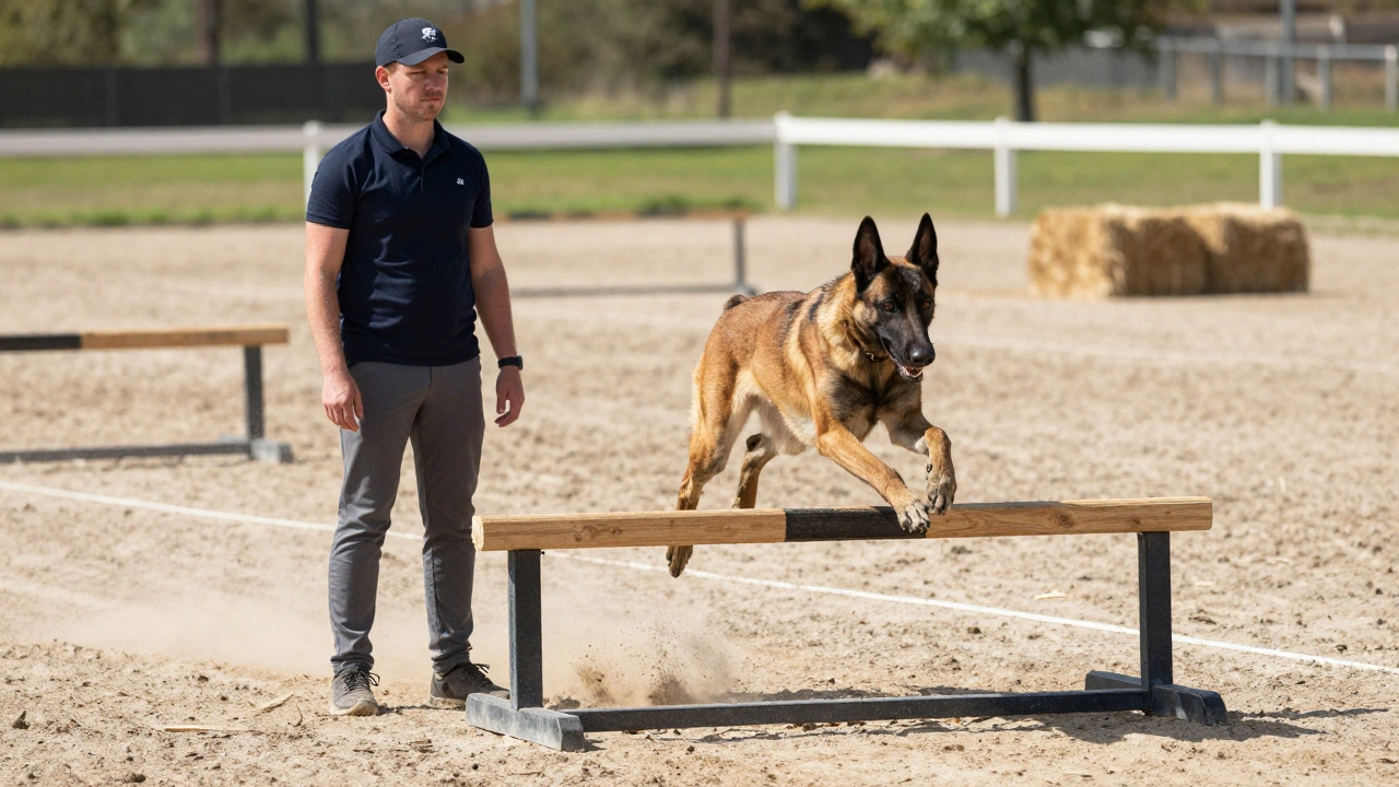 Собака прыгает через барьер, хозяин стоит вдали, без команд.