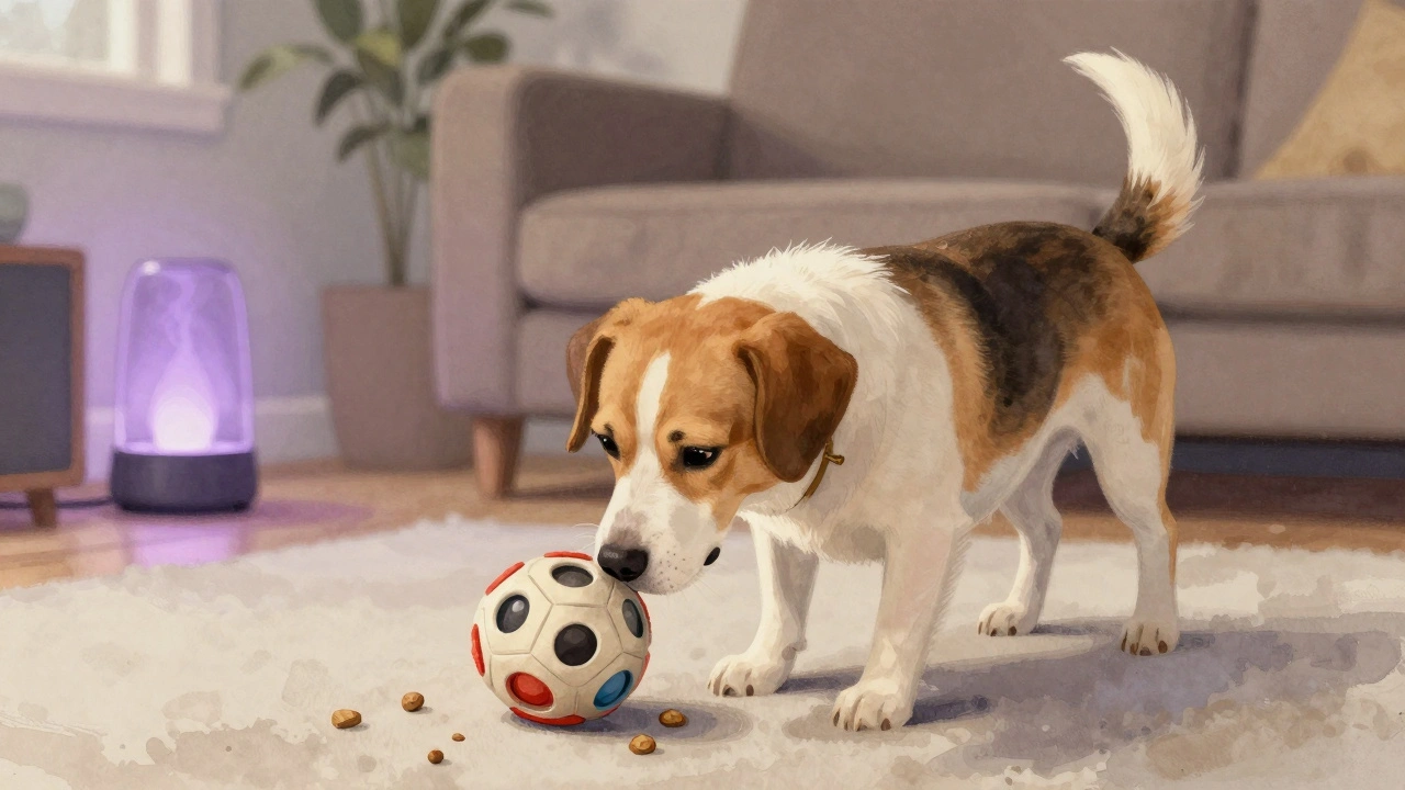 Собака решает игрушку-кормушку, сосредоточенно идя за лакомствами.