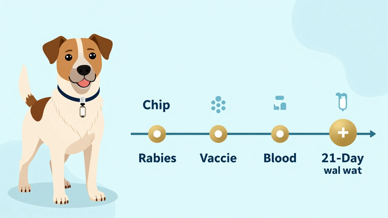 Собака с чипом и визуальная цепочка обязательных шагов перед поездкой: чипирование, вакцинация, анализ крови.