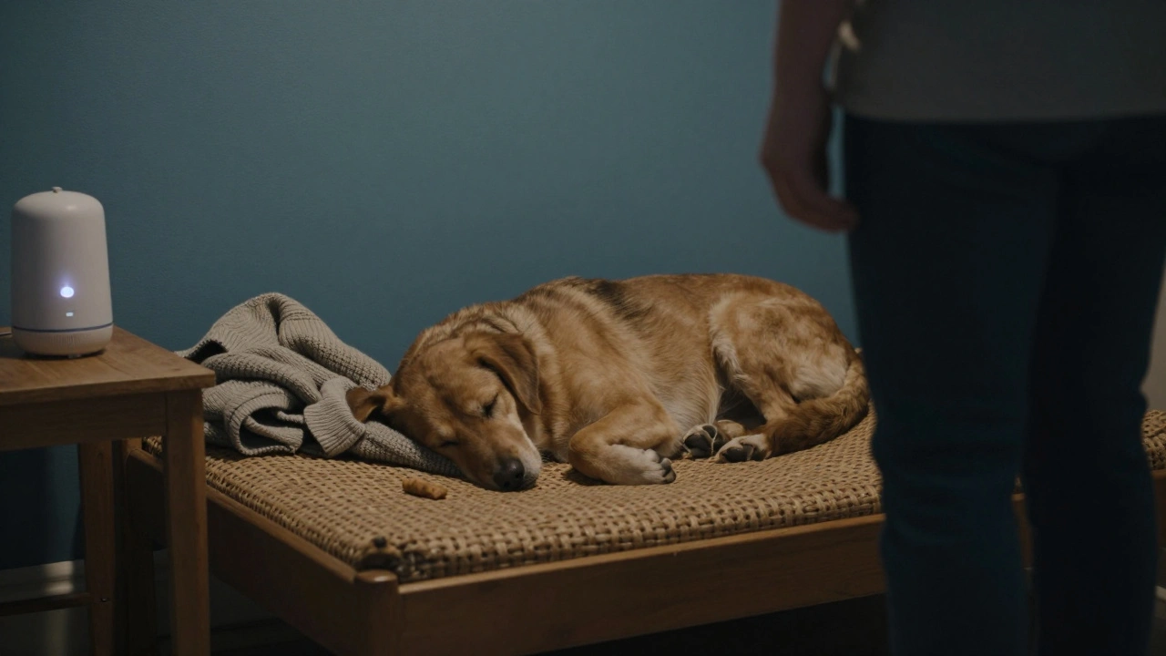 Собака спит в уютном уголке с любимой вещью и мягким светом феромонного диффузора.