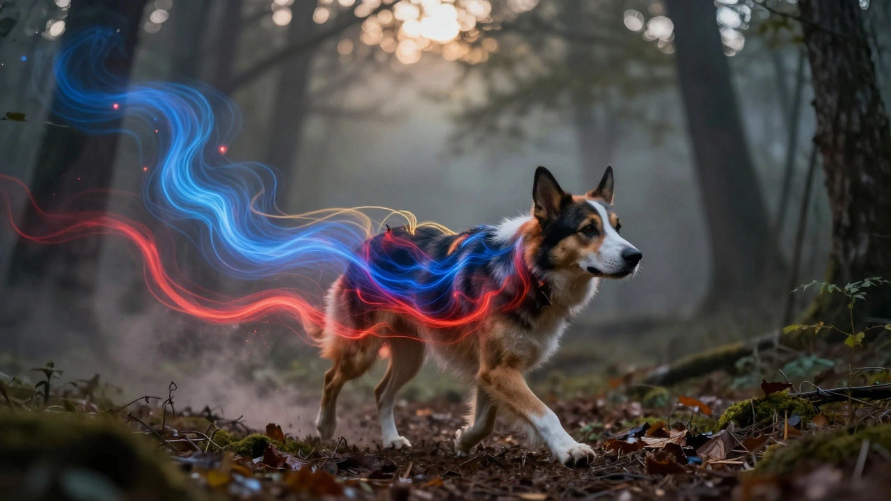 Собака в лесу, вокруг неё видимые следы запахов в виде цветных потоков.