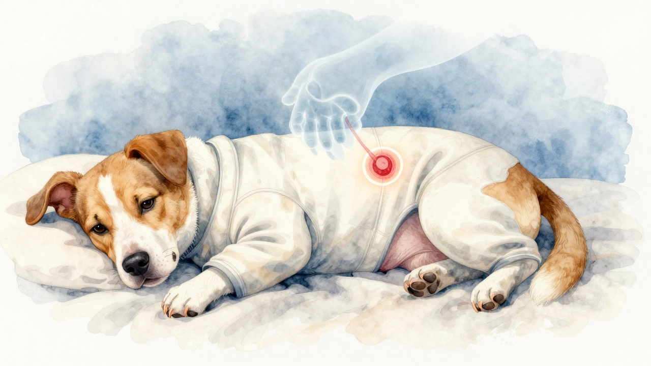 Собака в защитной попоне лежит на мягкой подстилке, вокруг шва мягкий свет, символизирующий внутреннее заживление.