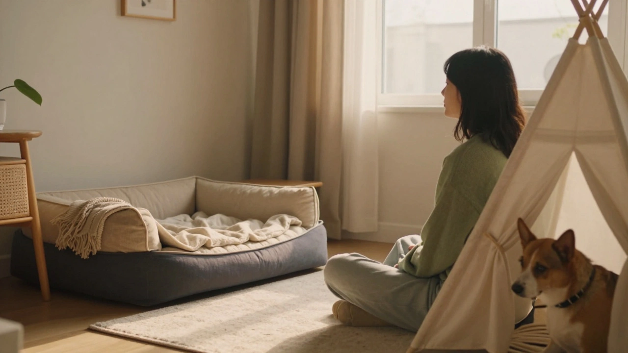 Собака выходит из безопасной зоны, хозяин сидит спокойно на полу.