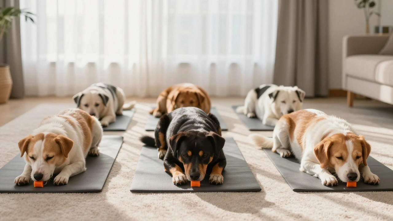 Собаки едят отдельно на своих ковриках в спокойной обстановке.