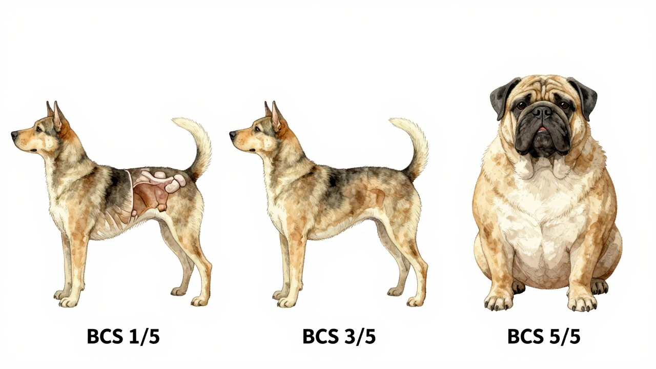 Сравнение трех форм собаки: истощенная, идеальная и ожиревшая, без текста и обозначений.