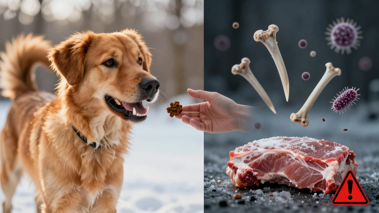 Сравнение выгод BARF и рисков: здоровая собака с блестящей шерстью против опасностей сырых костей и бактерий.