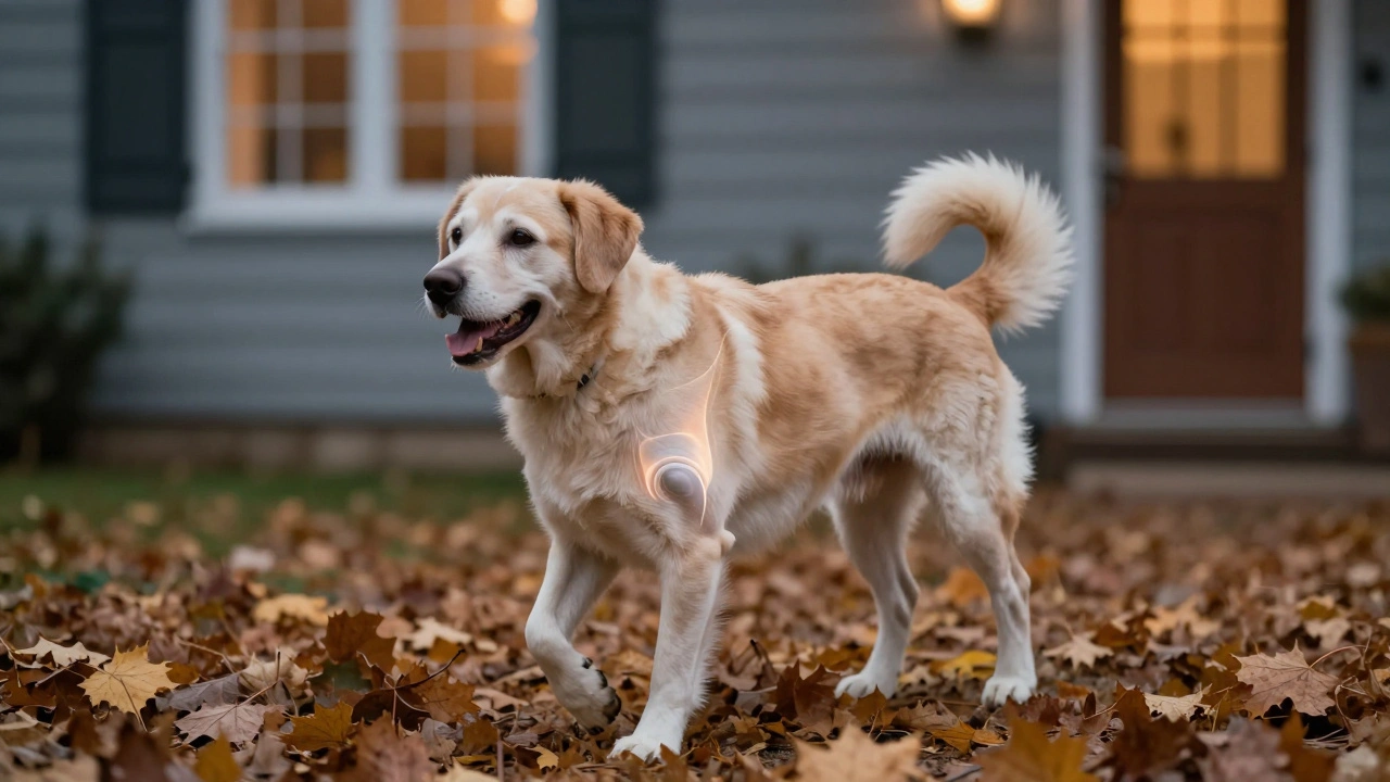 Старая собака радостно гуляет на улице, символически восстановив контроль над мочеиспусканием.