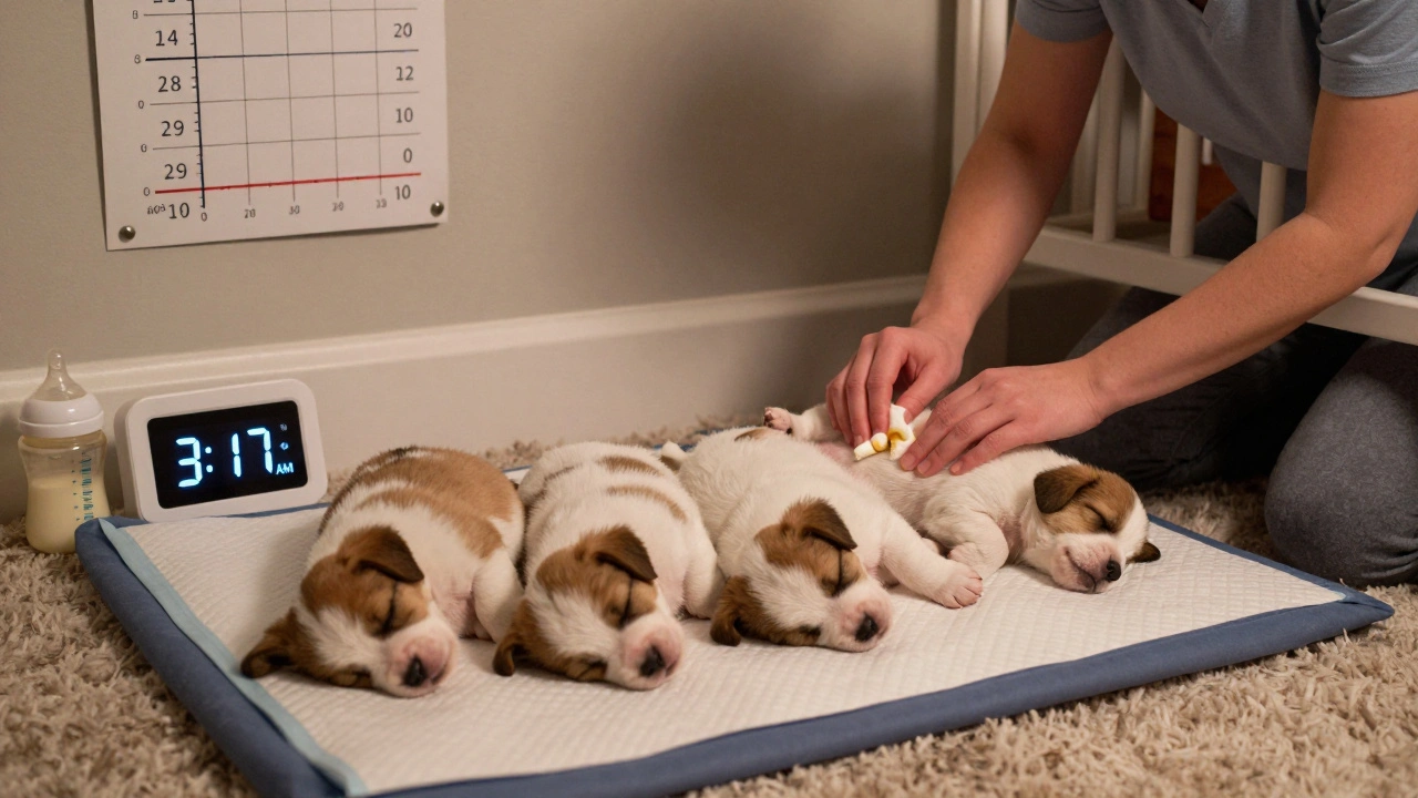 Три щенка спят на подогреваемом матрасе, рядом человек массирует живот одного из них теплой влажной салфеткой.