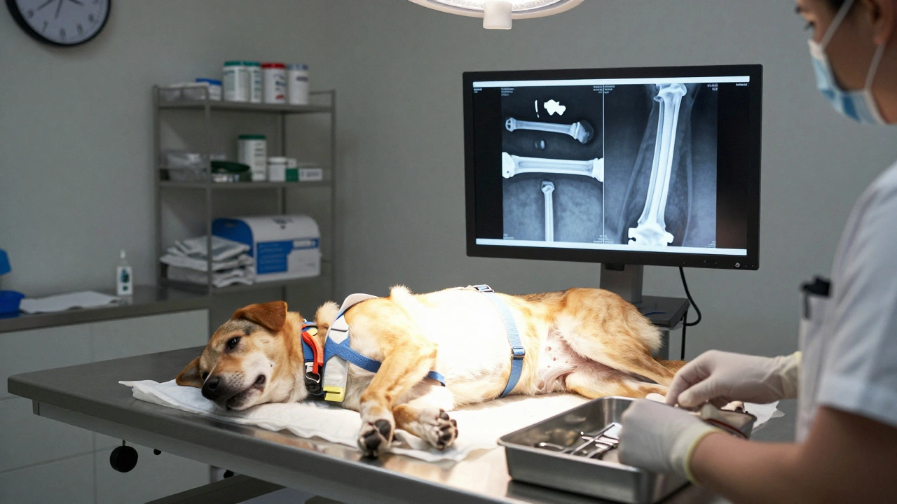 Ветеринар изучает рентгеновский снимок перелома бедра у собаки в клинике.