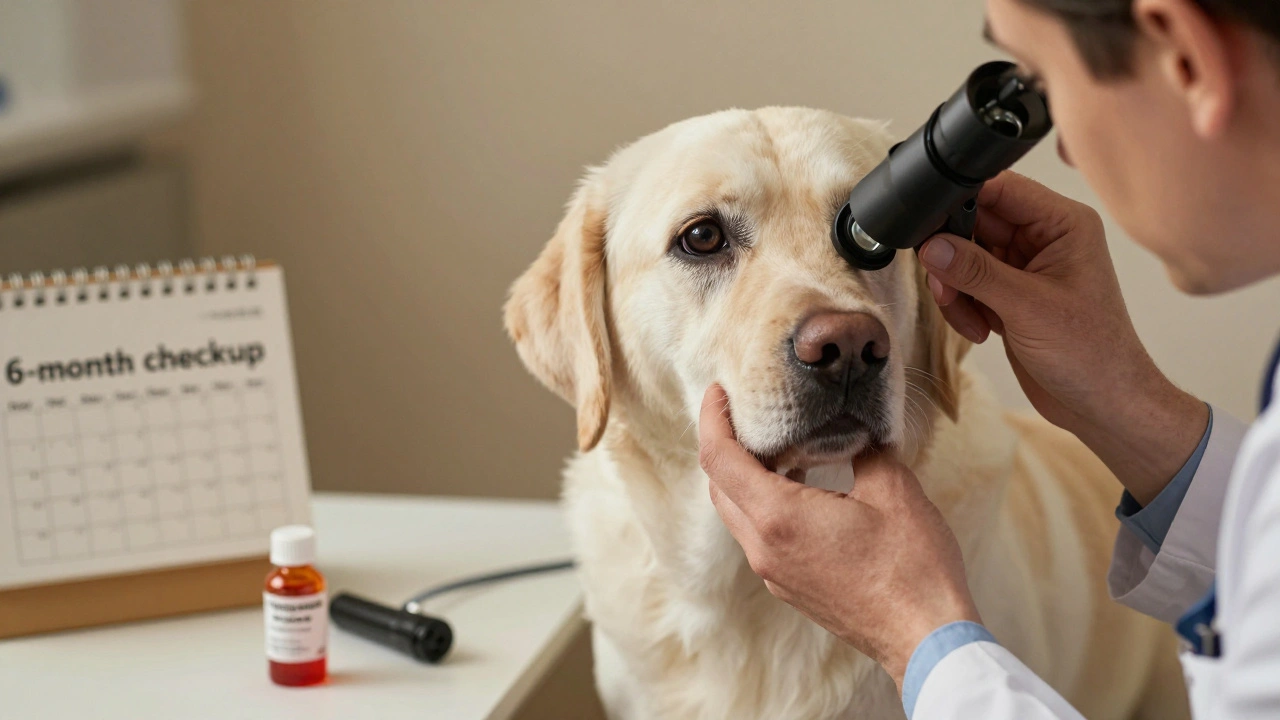 Ветеринар осматривает хрусталик пожилого лабрадора с помощью щелевой лампы, обнаруживая ранние признаки катаракты.