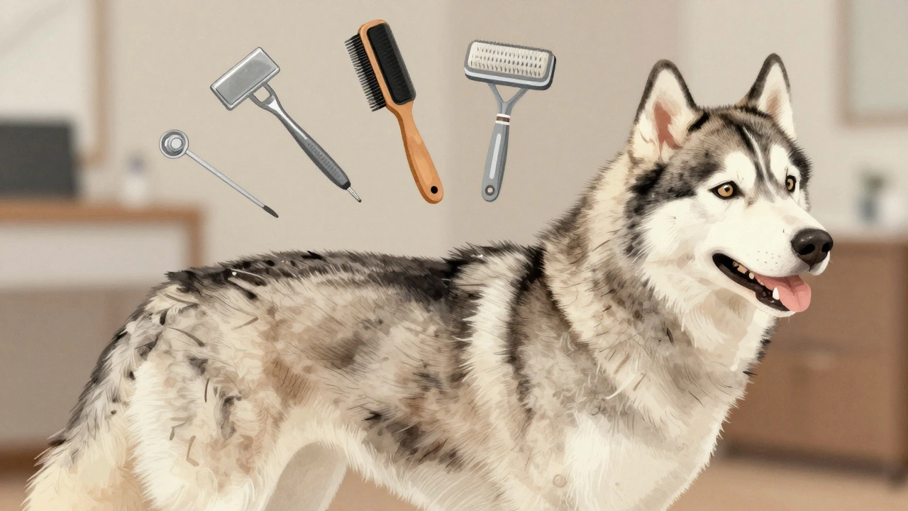 Ветеринар показывает правильные инструменты для ухода за шерстью собаки с густым подшёрстком.