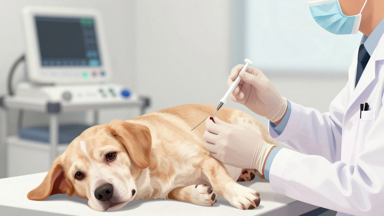 Ветеринар проводит эндоскопическую инъекцию для лечения недержания мочи у старой собаки под легкой седацией.