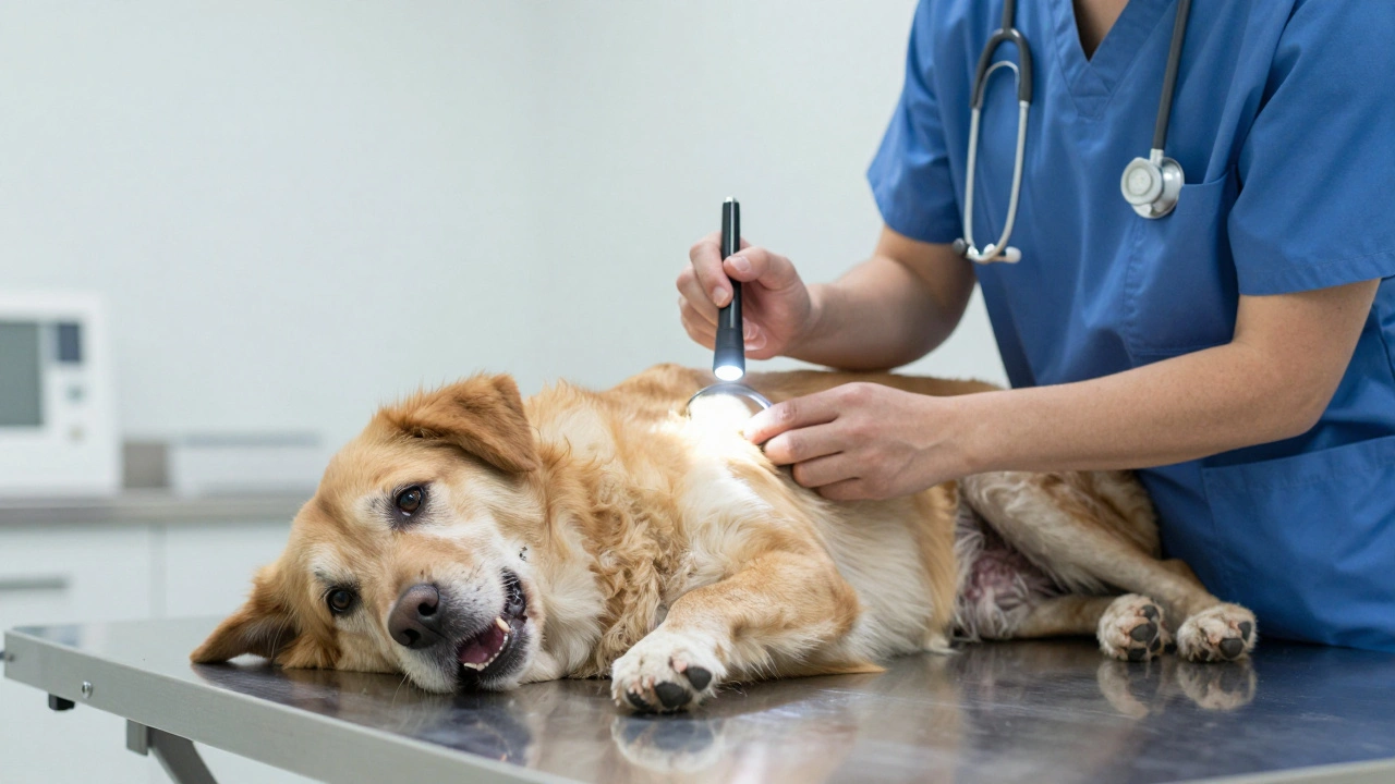 Ветеринар проводит осмотр ротовой полости у собаки в клинике.