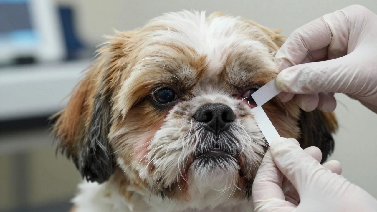 Ветеринар выполняет тест Ширмера у ши-тцу, измеряя количество слёзной жидкости с помощью бумажной полоски.