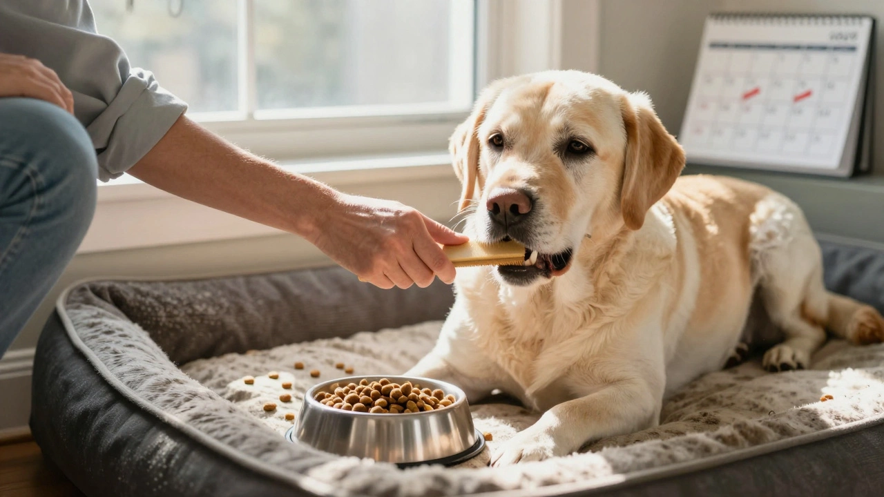 Владелец чистит зубы пожилому лабрадору, рядом — качественный корм и ветеринарные добавки.