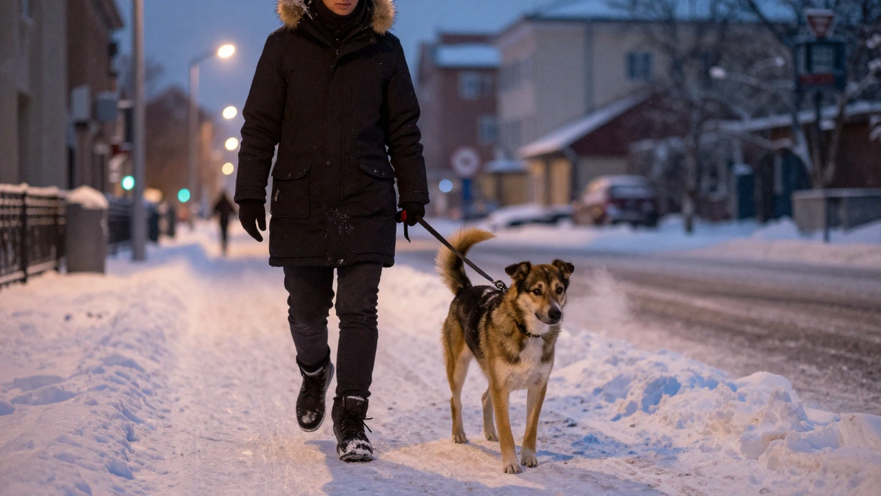 Владелец гуляет с собакой вечером в снежном городе, на фоне уличных фонарей и заснеженных улиц.