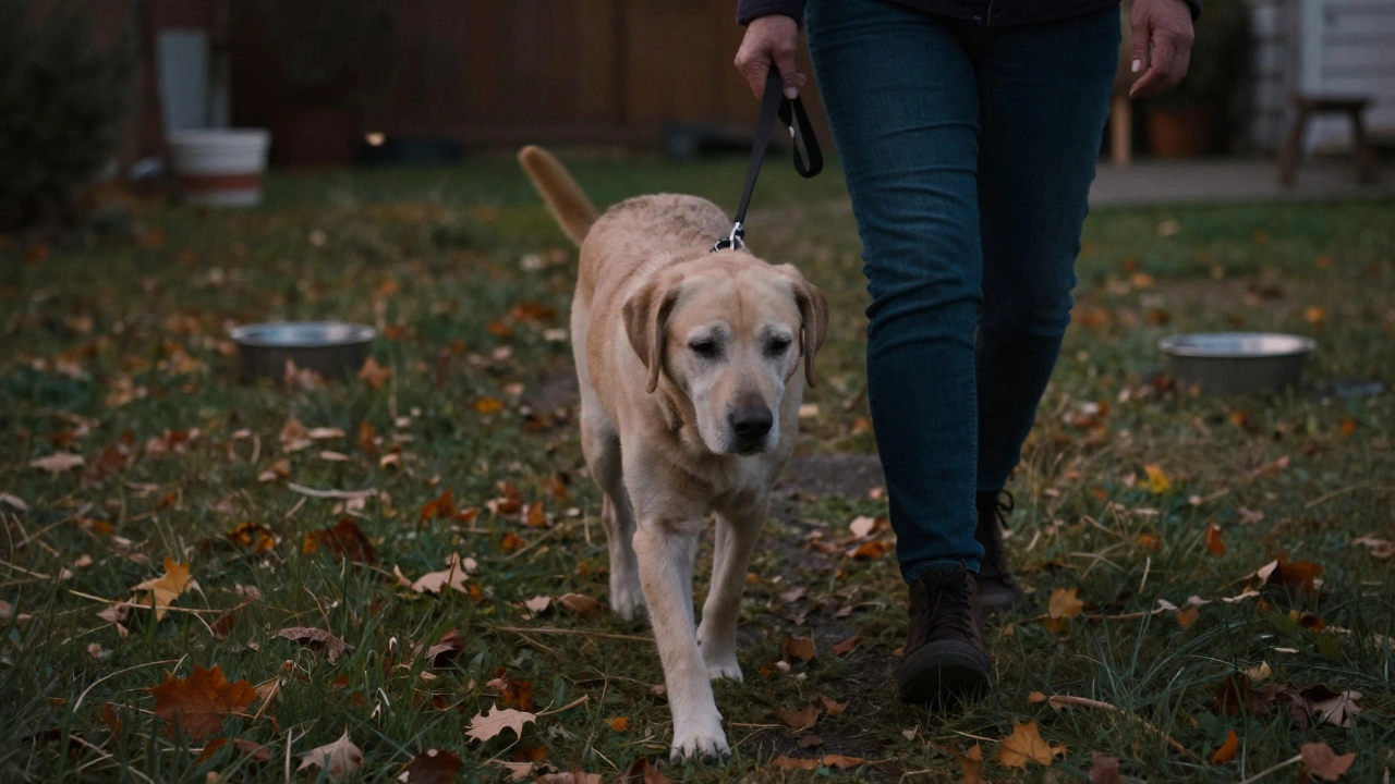 Владелец медленно гуляет с пожилой собакой на фоне осенних листьев.
