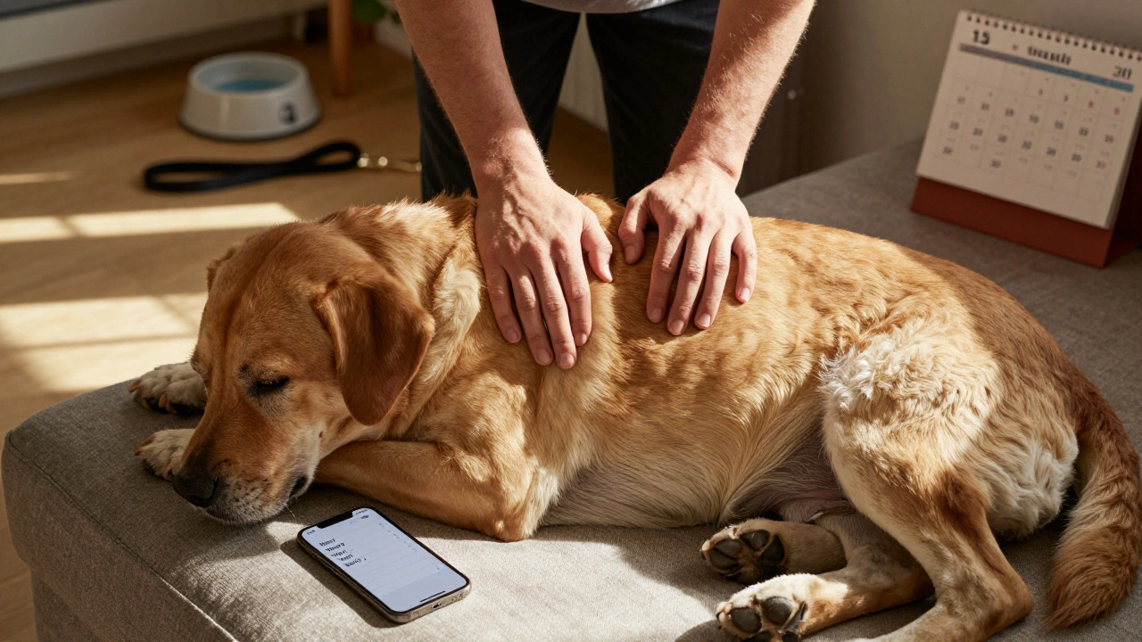 Владелец проверяет телосложение своей собаки дома, мягко ощупывая ребра и спину.