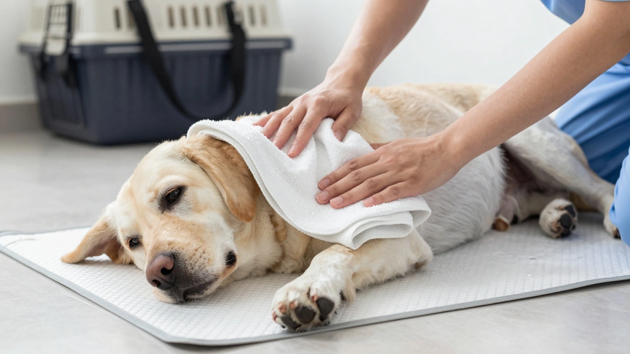 Влажная ткань на груди собаки помогает охладить тело при перегреве.
