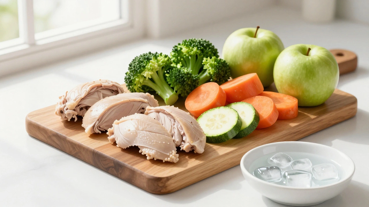 Здоровый рацион для собаки: мясо и овощи на доске