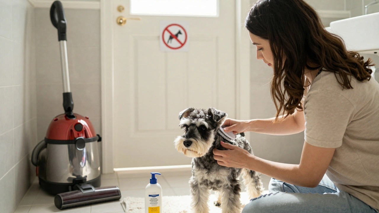 Женщина расчесывает миниатюрного шнауцера в ванной, рядом — гипоаллергенный шампунь и пылесос.