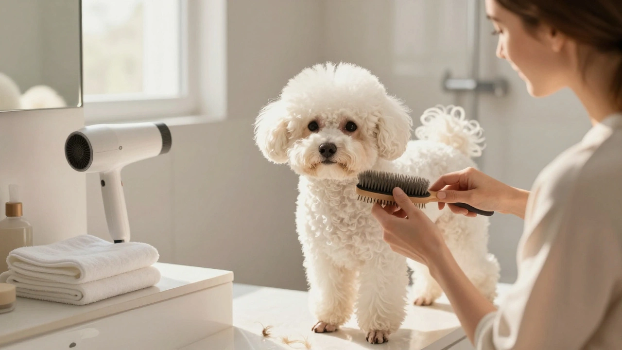Женщина вычёсывает бишона фризе в ванной, шерсть кудрявая, в воздухе нет волокон, атмосфера уюта и чистоты.