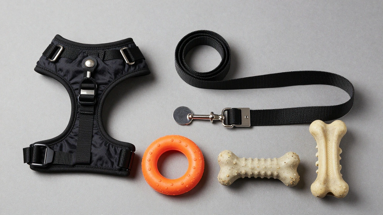 Аксессуары для собаки: шлейка, поводок, адресник и резиновые игрушки