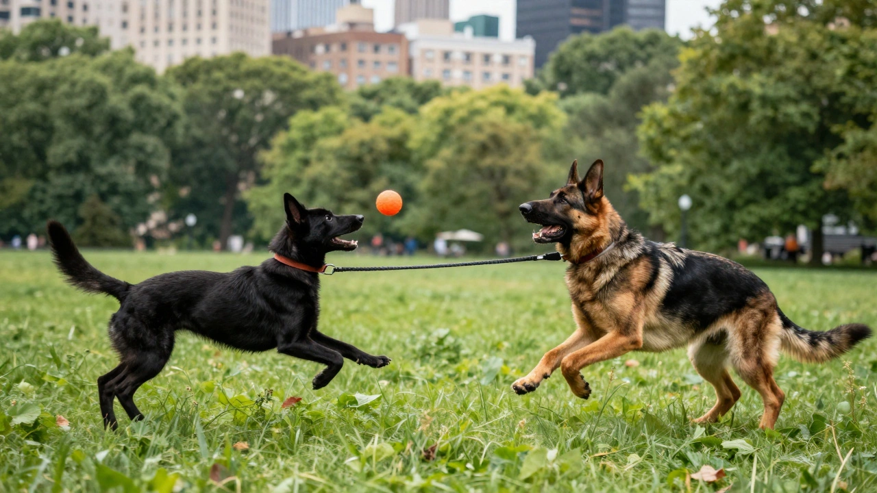 Активные игры черного русского терьера и немецкой овчарки в городском парке