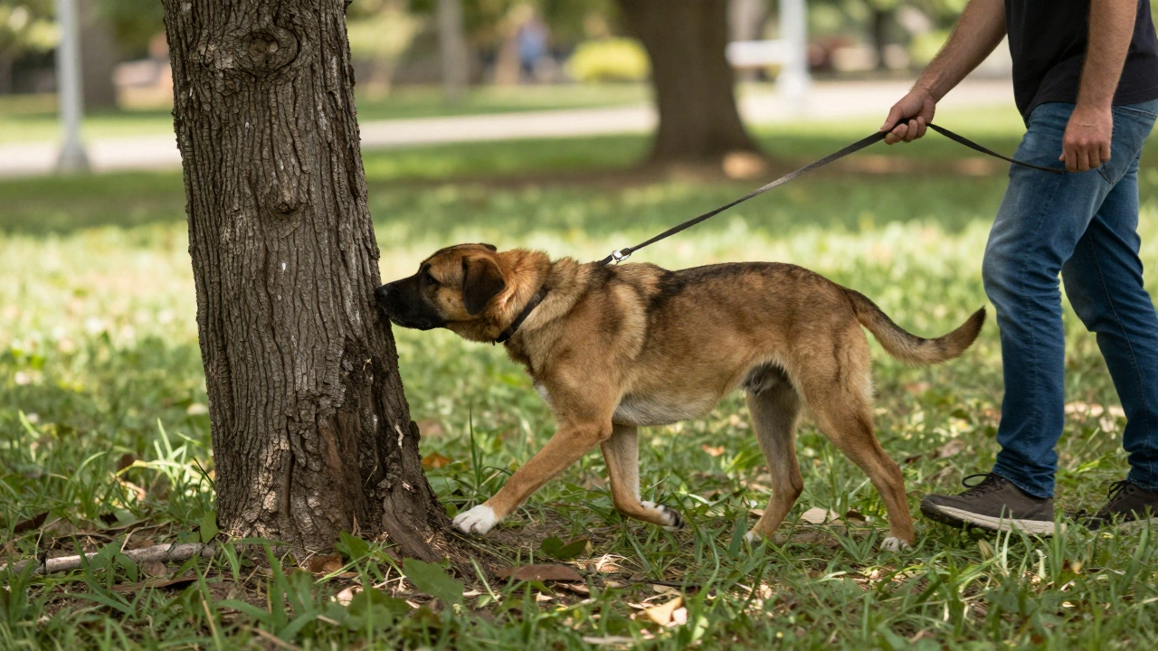 Активный кобель обнюхивает дерево на прогулке с поводке