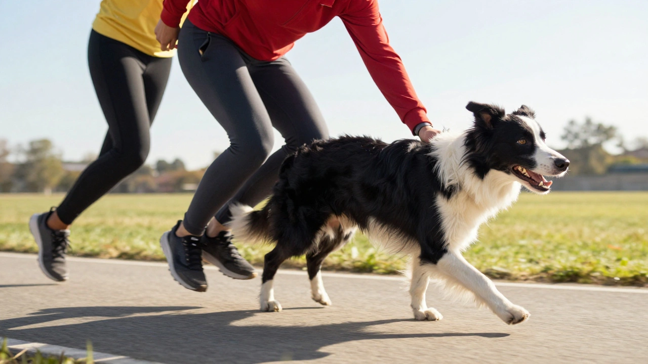 Бордер-колли и владелец синхронно бегут по прямой линии на соревнованиях