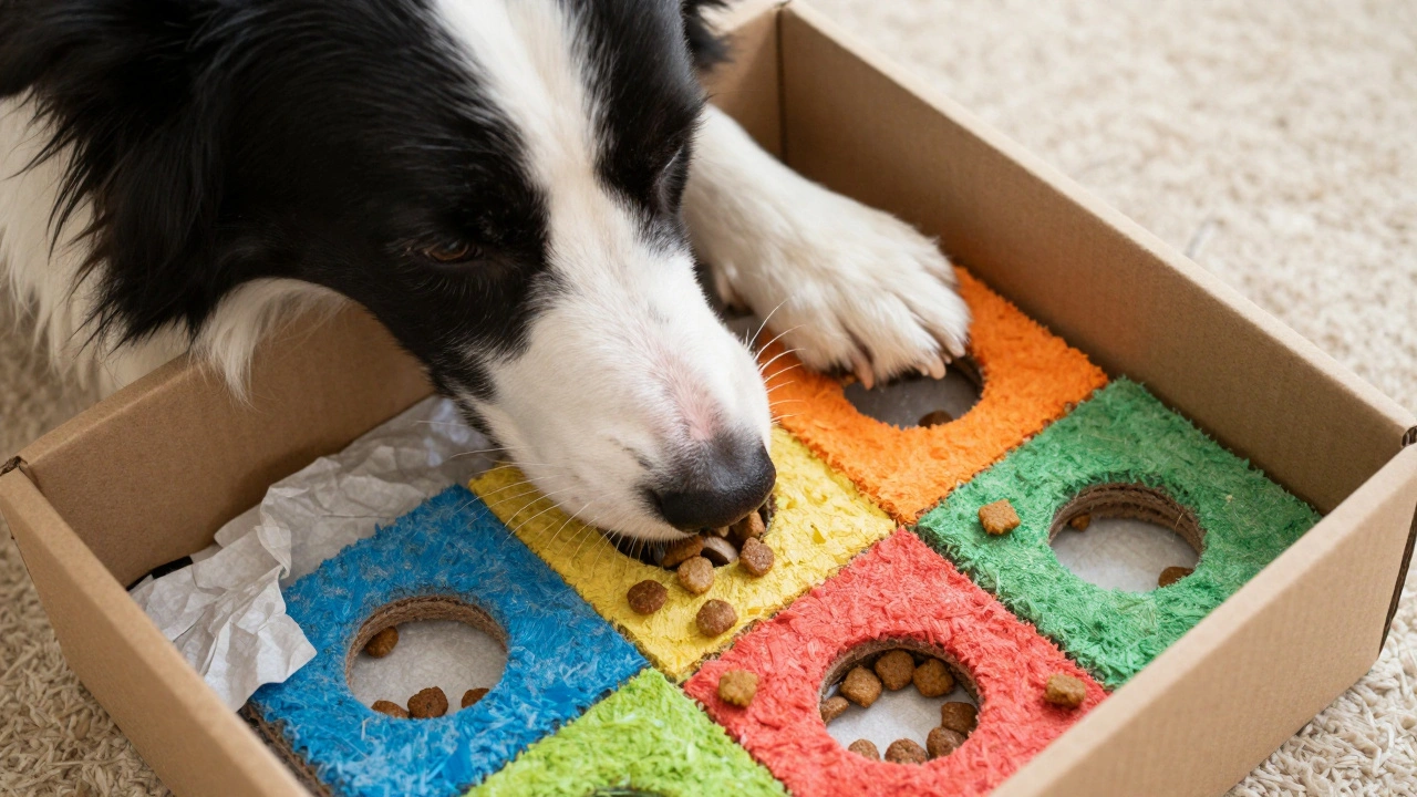 Бордер-колли ищет корм в картонной коробке с бумагой