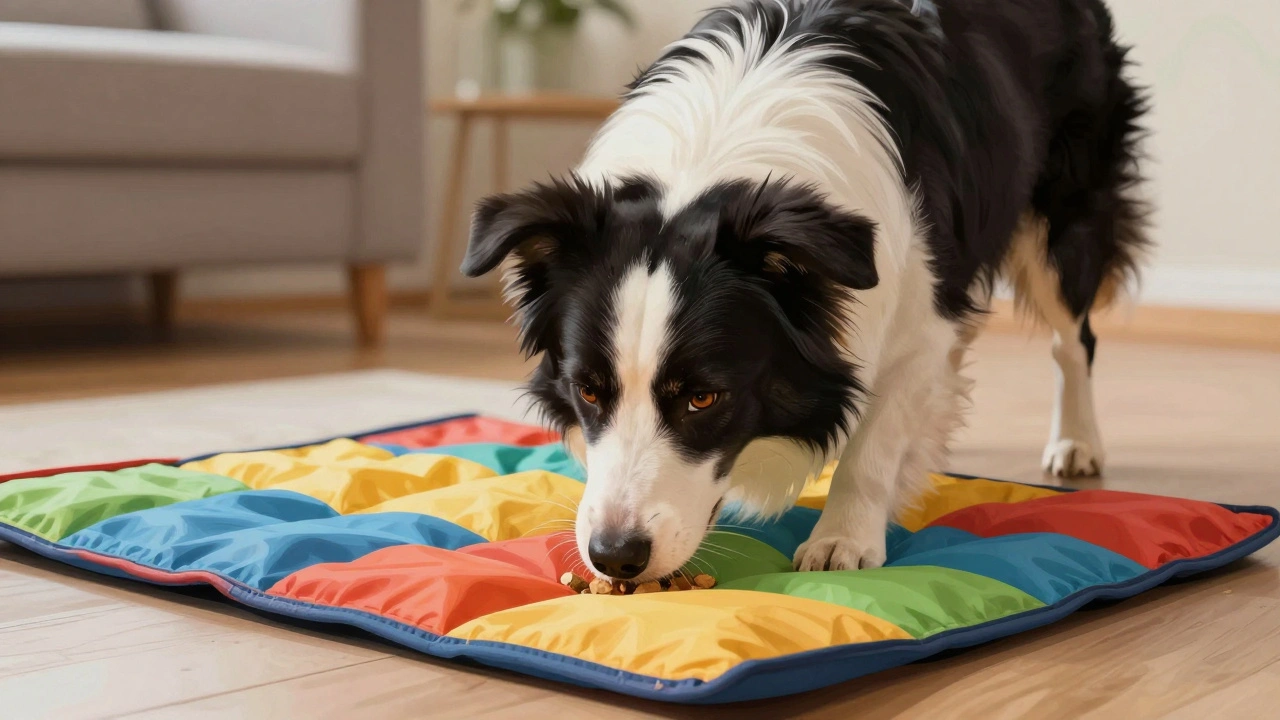 Бордер-колли ищет лакомства в нюхательном коврике
