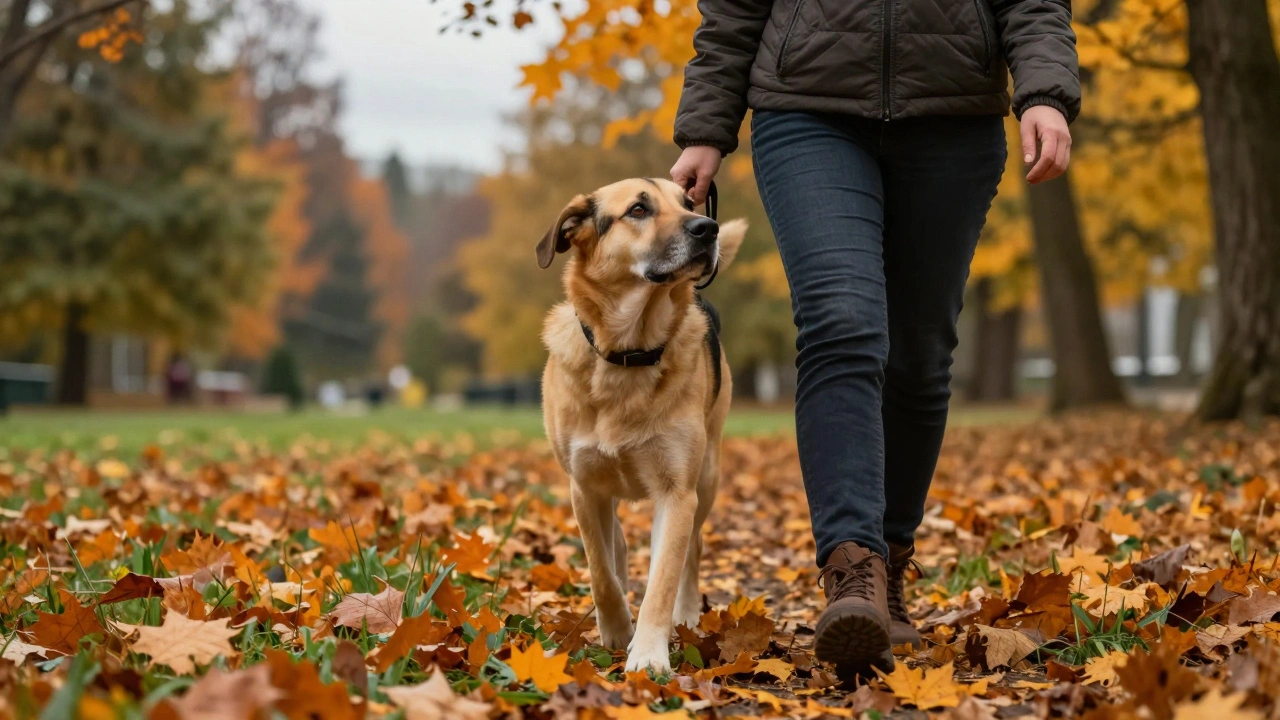 Человек гуляет с преданной взрослой собакой в осеннем парке