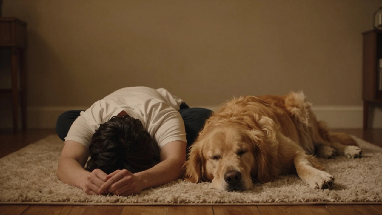 Человек и золотистый ретривер отдыхают вместе в позе доги