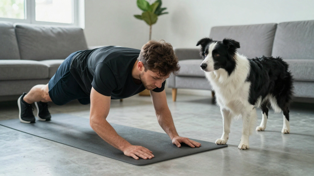Человек в планке и бордер-колли, выполняющий команду стоять
