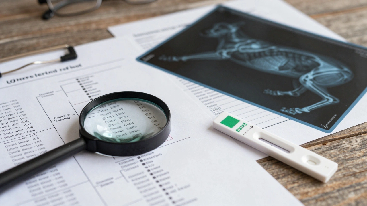 Документы, родословная и рентгеновский снимок суставов собаки на столе