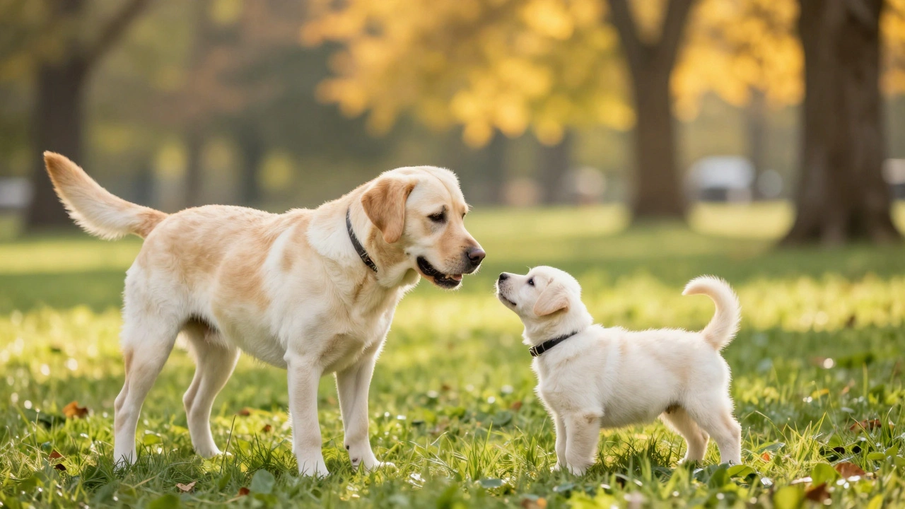 Дружелюбный взрослый лабрадор знакомится с маленьким щенком в солнечном парке